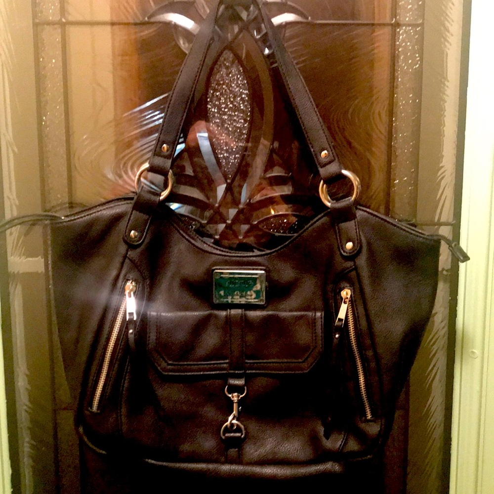 Nicole by Nicole Miller black faux leather satchel handbag, zippers & pulls!